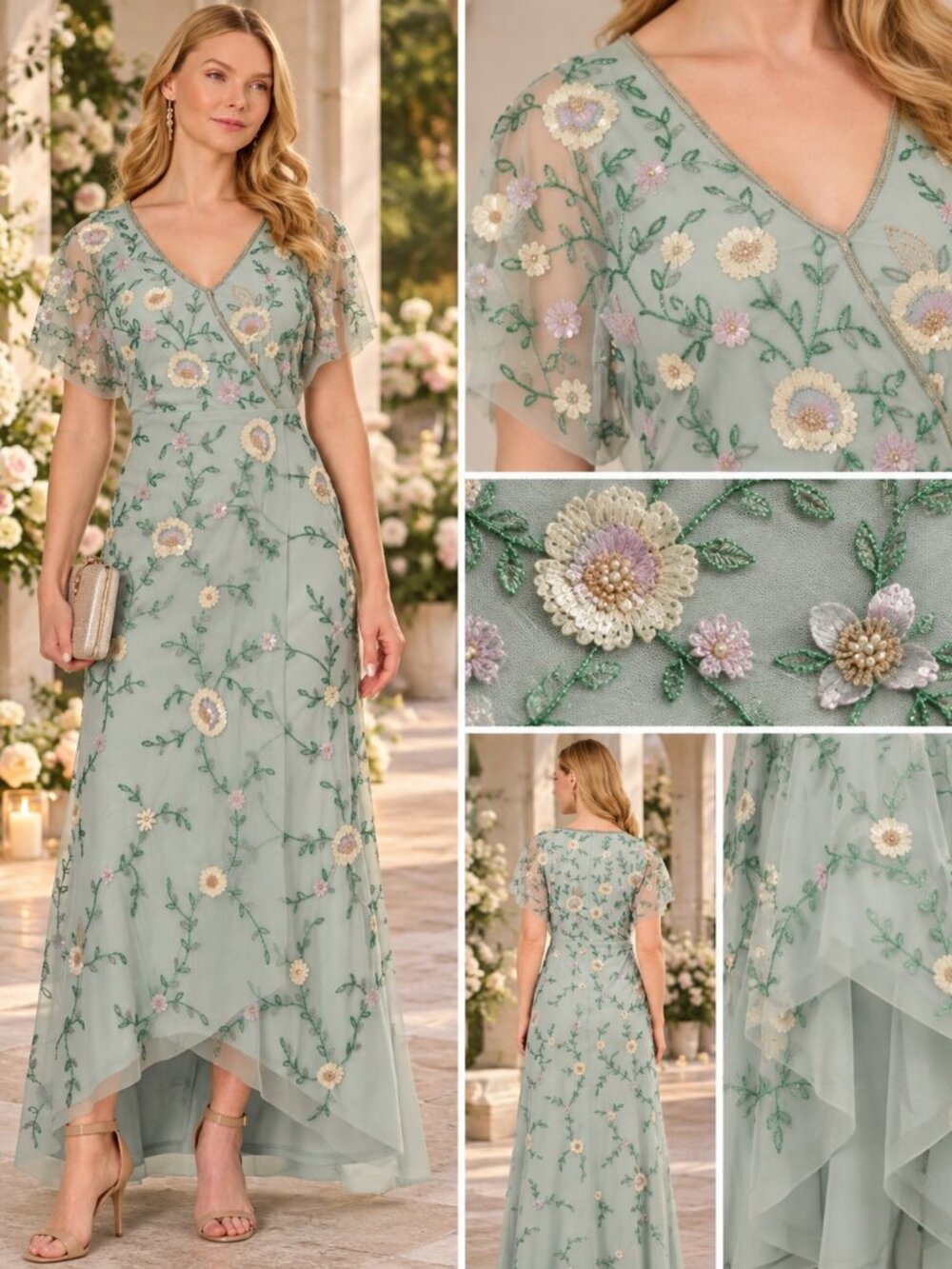 Adrianna Papell Aqua Floral Beaded Mesh Formal Gown 8P Petite NWT